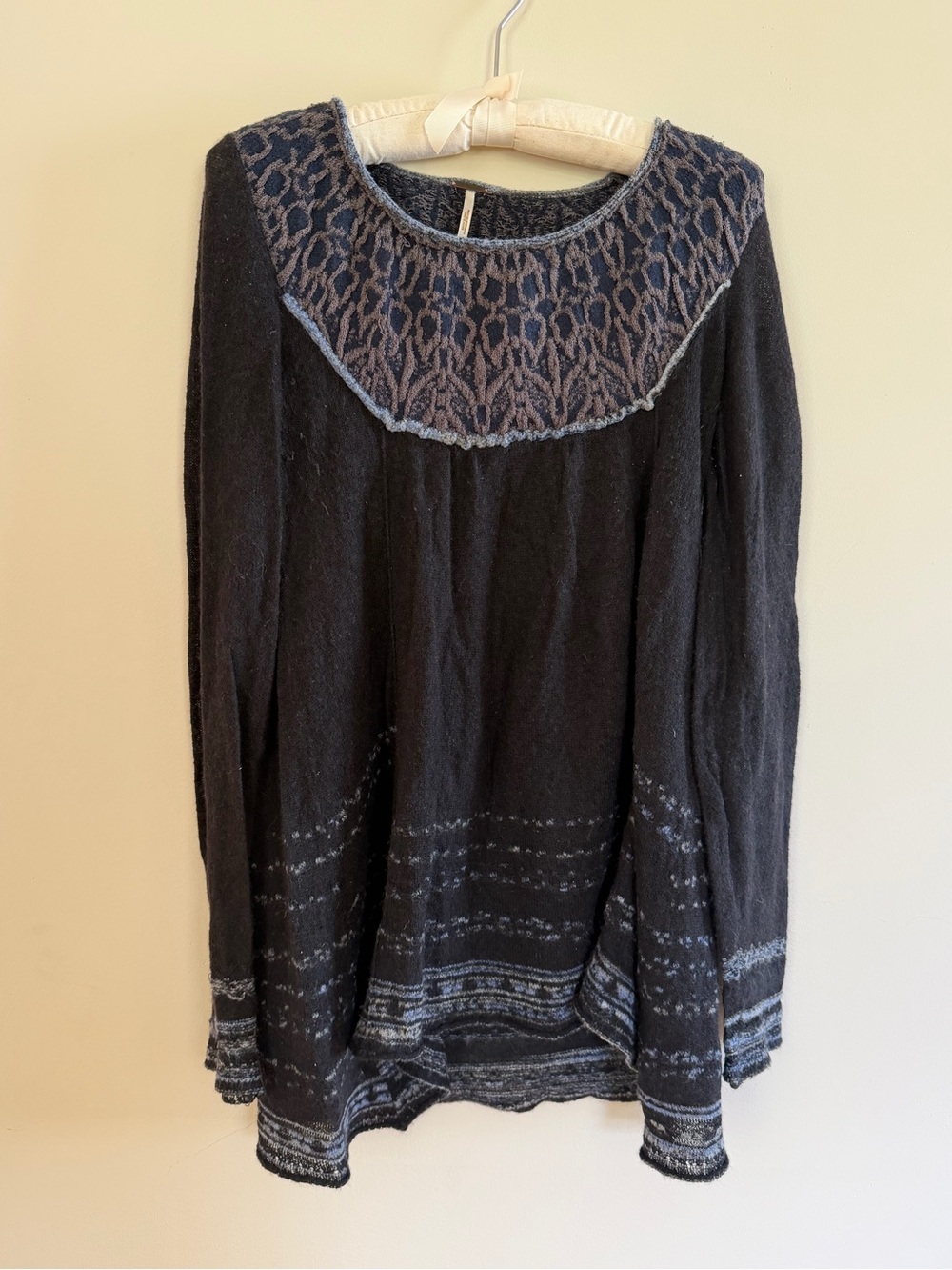 Free People Black Knit Pullover with Blue-Gray Patterned Yoke